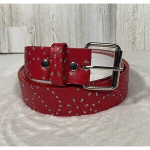 Women's Red Leather Belt Laser Cut Silver Glitter Inlay Boho Western Festival
